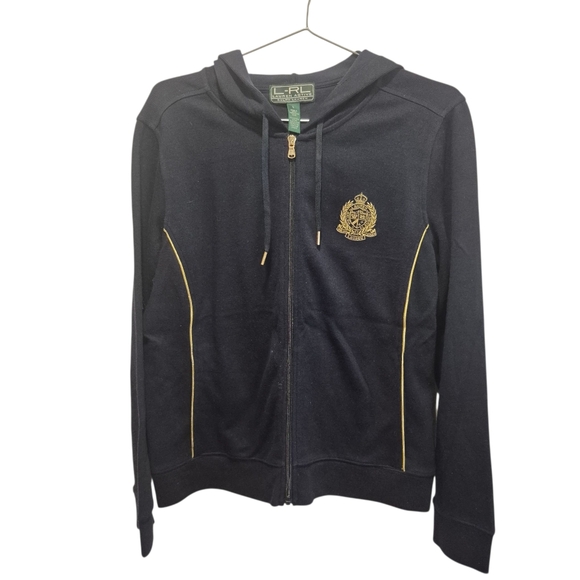 Women’s Ralph Lauren Active jacket Black Gold Size Large Embroidered Emblem - Picture 1 of 4